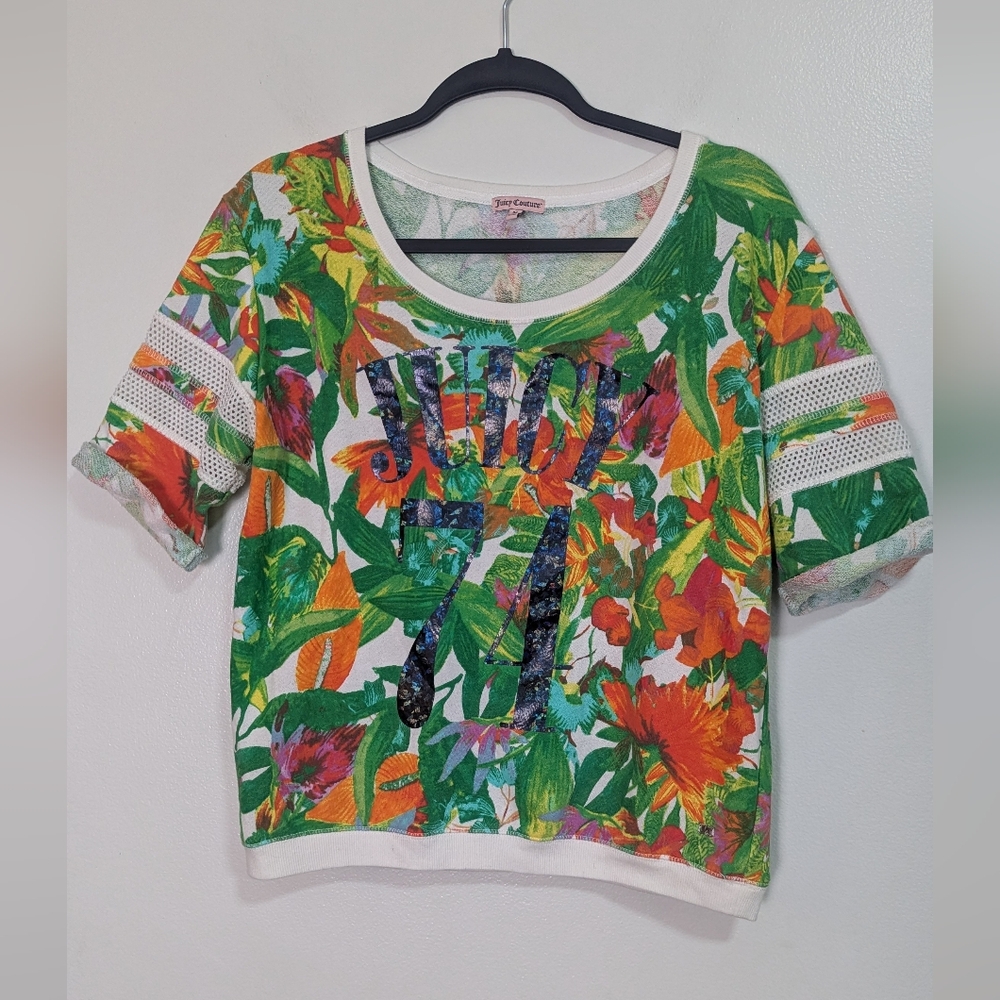 Juicy Couture 74 Floral Graphic Short Sleeve Sweater Top Green Size Medium